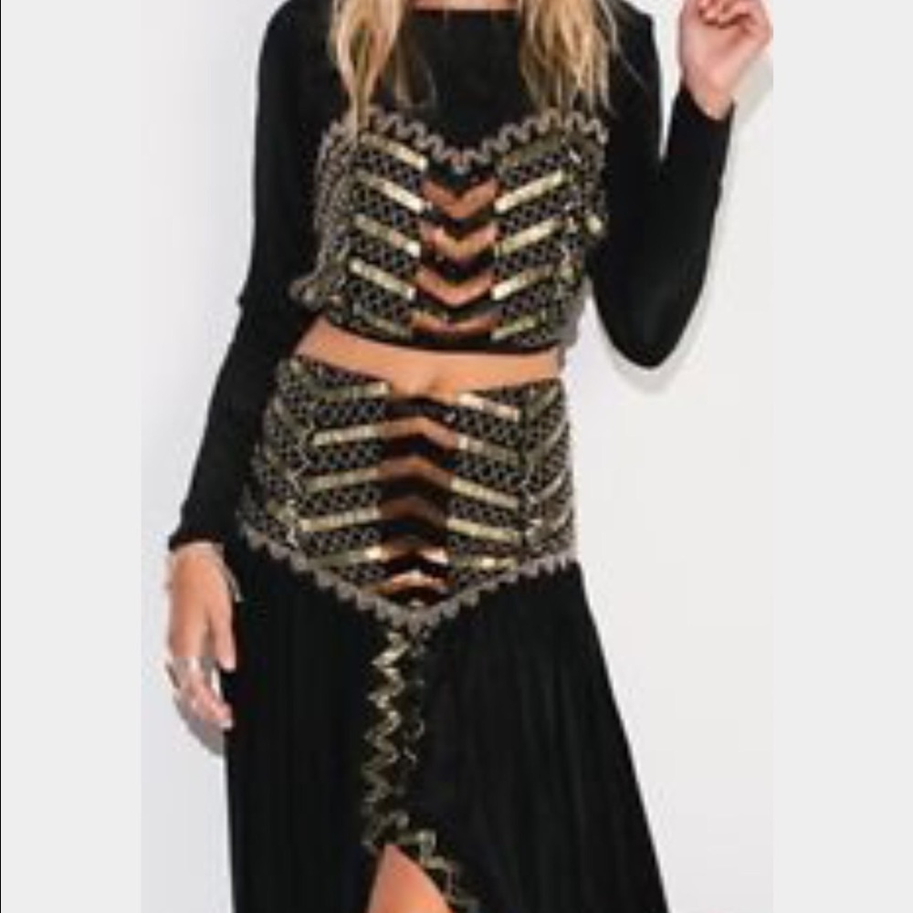 Holiday Embellished Set, beading/sparkly, maxi skirt, long sleeves, crop top